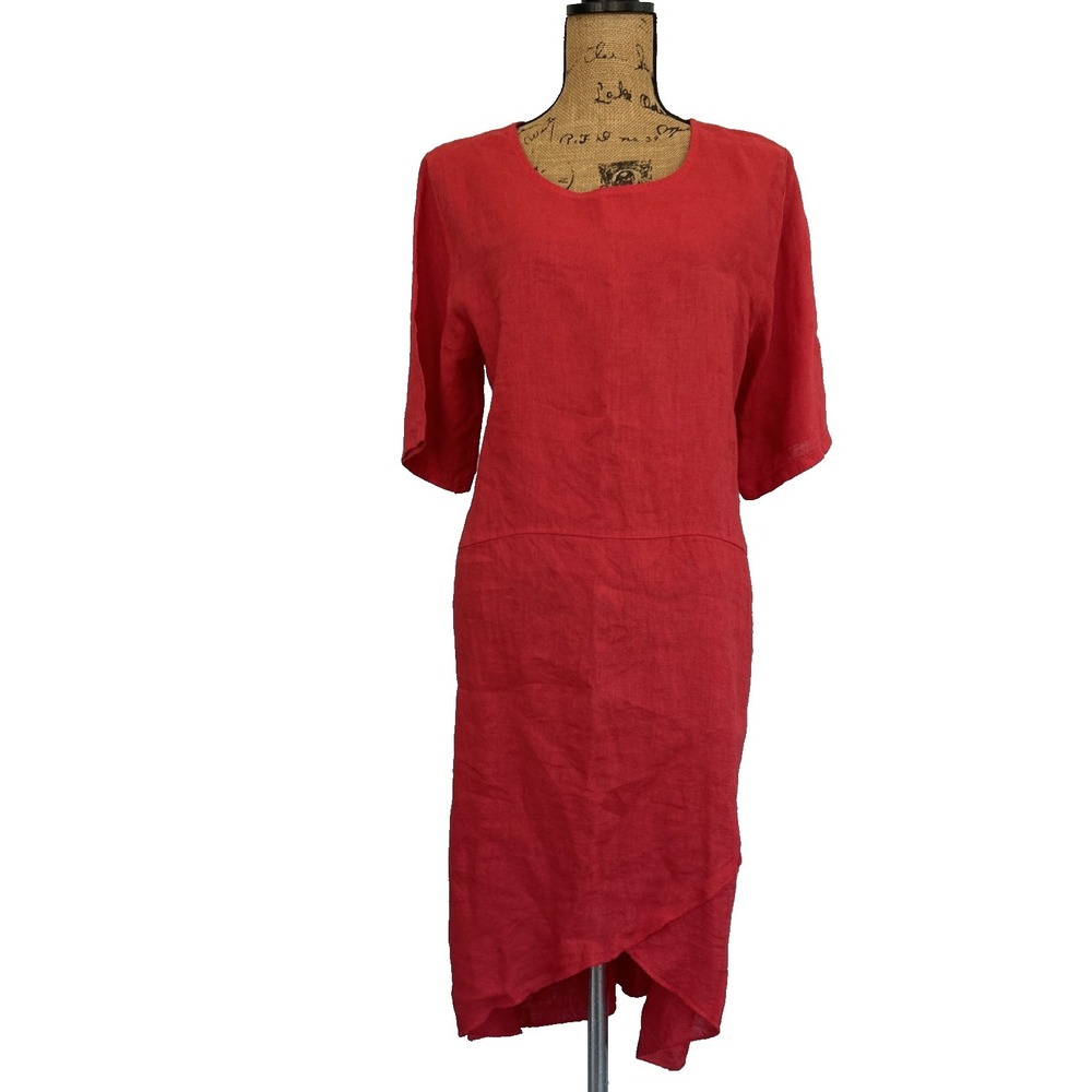 Klasiks 100% Linen Dress XL Solid Red Lagenlook Boho Made in Italy Minimalist
